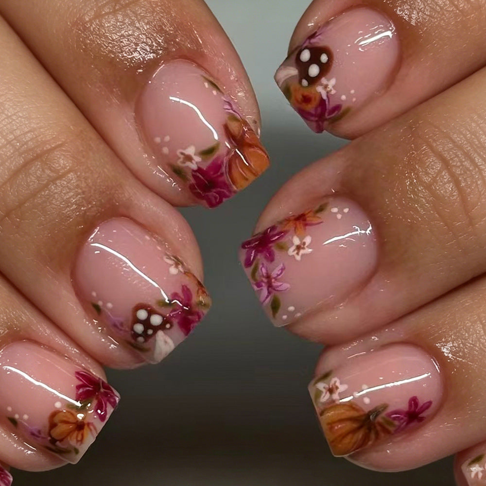 Whimsical Floral Short Square Pink Press On Nail Set with Glossy Finish
