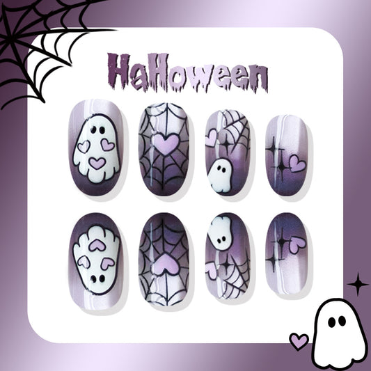 Spooky Halloween Short Oval Purple Ghost Nail Set with Heart Design
