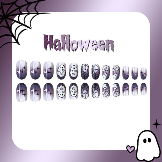 Spooky Halloween Medium Oval Purple Nail Set with Ghost and Spider Designs
