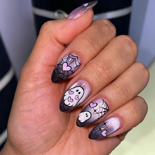 Spooky Delight Medium Almond Purple Ombre Nail Set with Cute Ghosts and Hearts