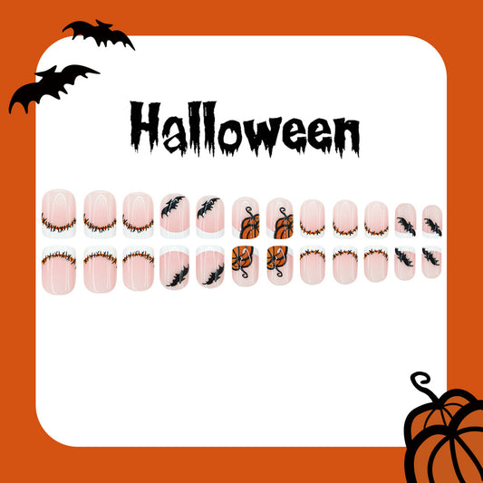 Spooky Halloween Short Square Orange and Black Design Press on Nail Set
