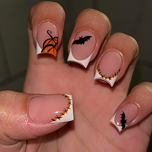 Spooky Vibes Medium Square Orange and Black Halloween Themed Press on Nail Set