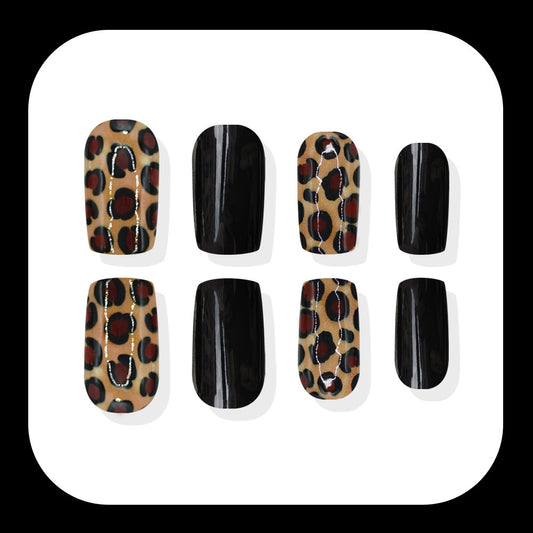 Wild Safari Medium Square Black and Leopard Print Press-On Nail Set