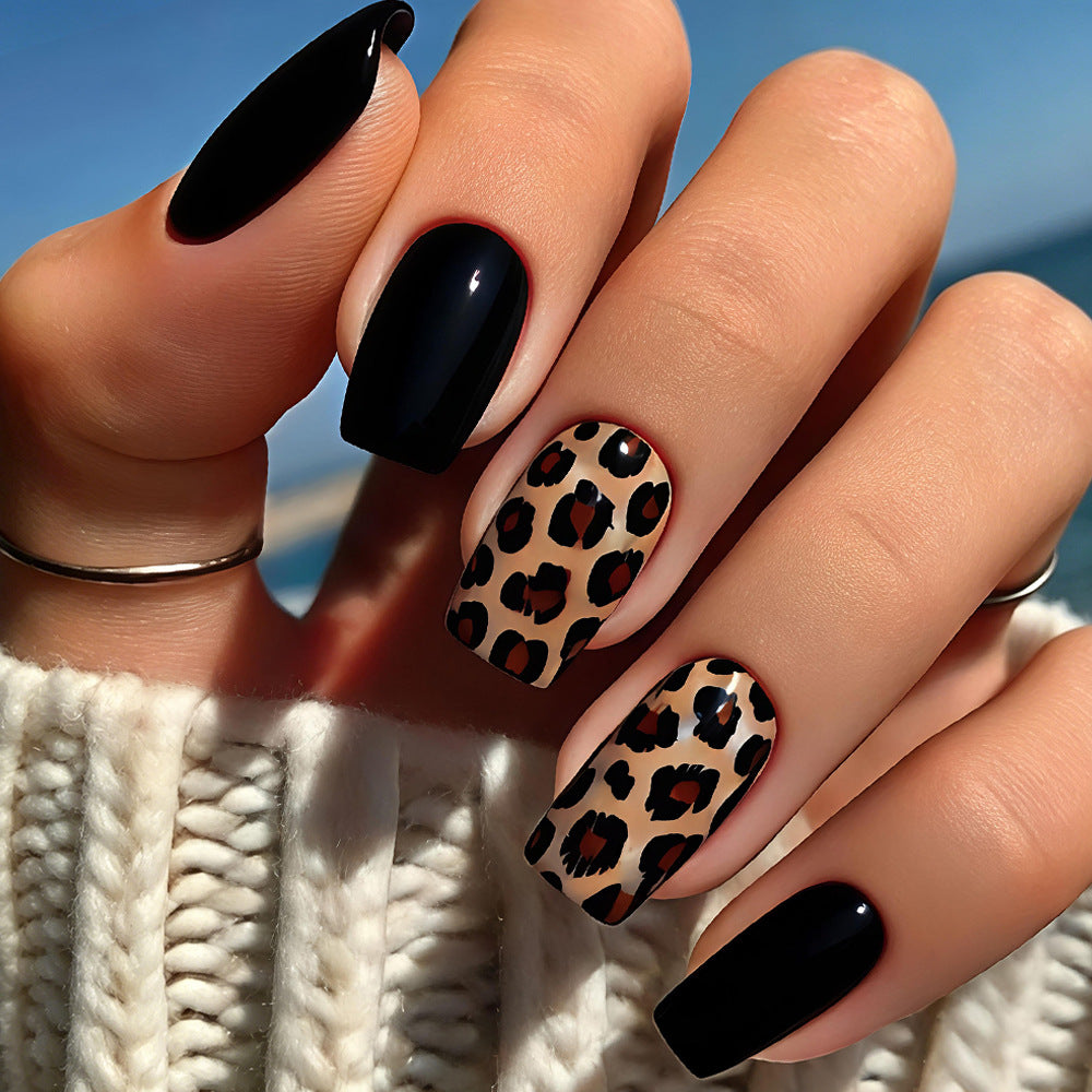 Fierce Safari Medium Square Black and Leopard Print Press on Nail Set