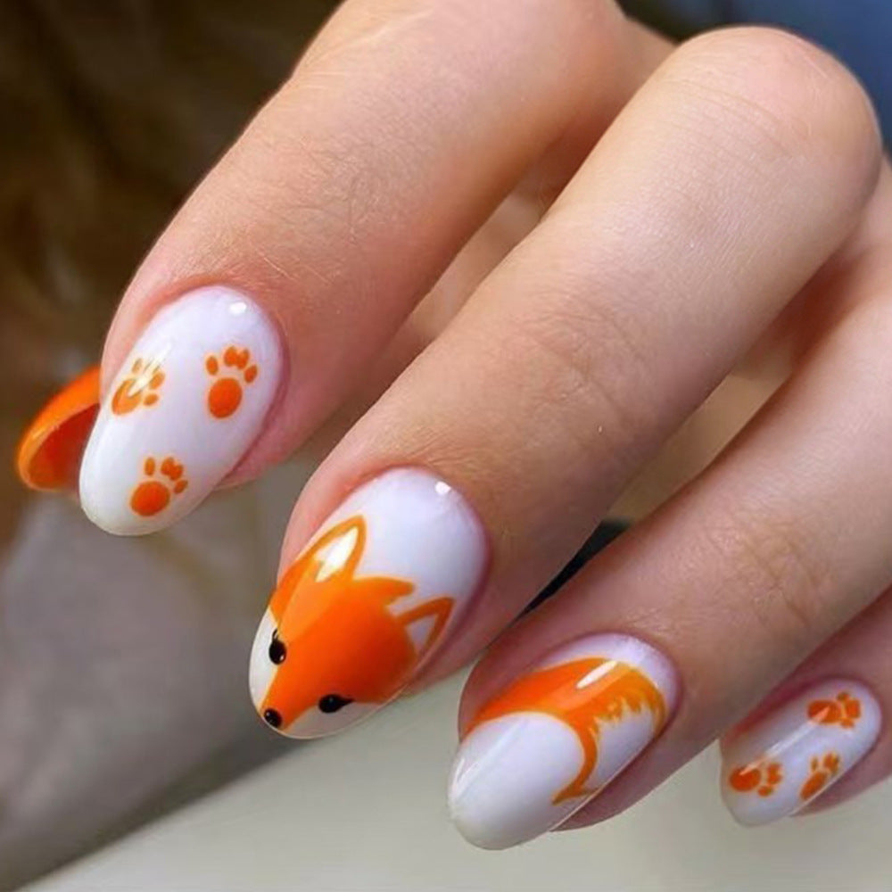 Whimsical Fox Themed Short Oval Orange Gradient Press On Nail Set