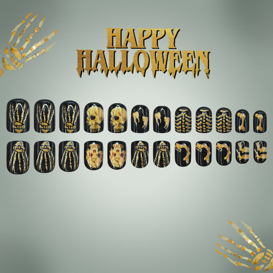 Spooky Skeleton Themed Short Square Black and Gold Press on Nail Set
