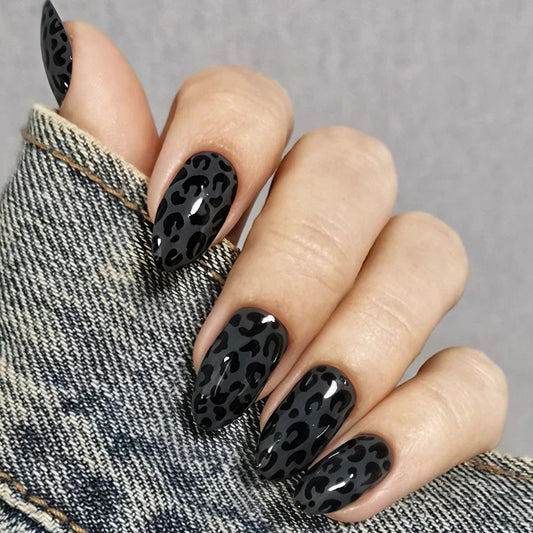 Wild and Chic Medium Almond Black Leopard Print Press on Nail Set