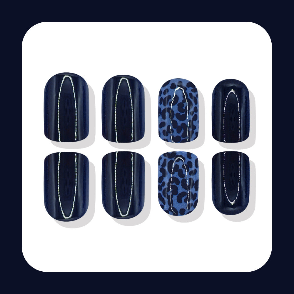 Wild Safari Glam Short Square Deep Blue with Leopard Accent Press-On Nail Set