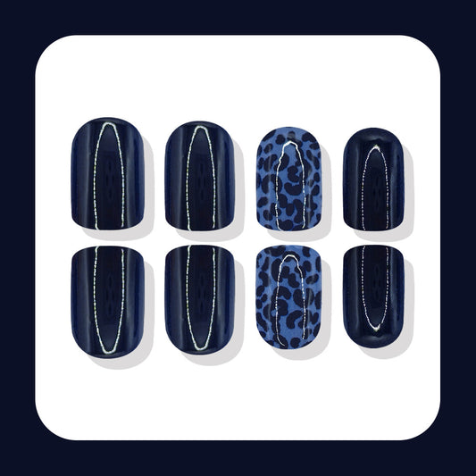 Wild Safari Glam Short Square Deep Blue with Leopard Accent Press-On Nail Set