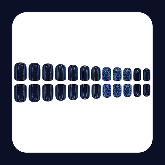 Midnight Jungle Short Square Deep Blue with Unique Leopard Print Accent Press On Nail Set