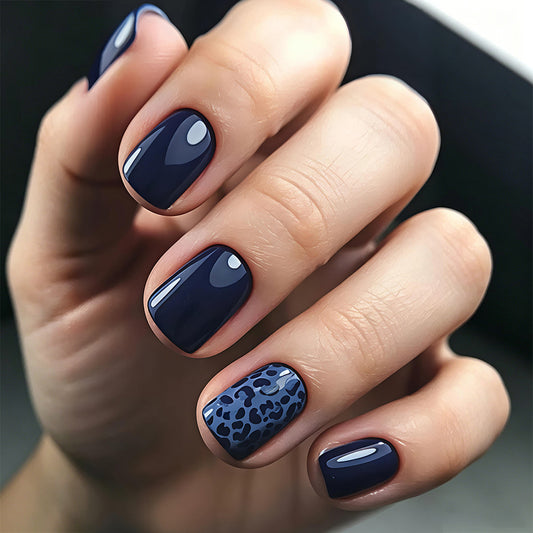 Mystical Night Short Square Deep Navy with Chic Leopard Accent Nail Set