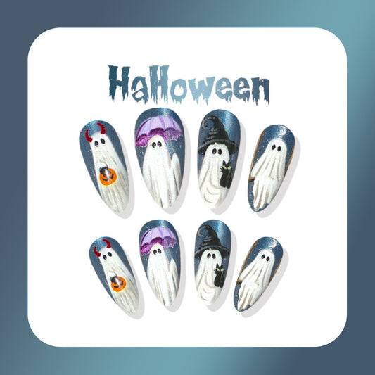 Spooky Ghost Theme Medium Almond Purple Glitter Press on Nail Set