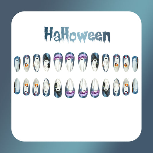 Spooktacular Medium Almond Purple Ghost Themed Press On Nail Set