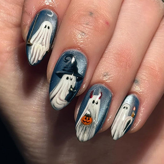 Spooky Ghost Themed Medium Almond Blue Press-On Nail Set with Whimsical Halloween Designs