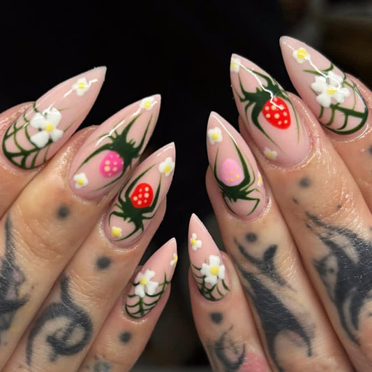 Whimsical Garden Long Stiletto Pink Floral Design Press On Nail Set