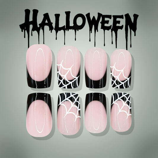Spooky Halloween Medium Square Pink and Black Spider Web Press on Nail Set