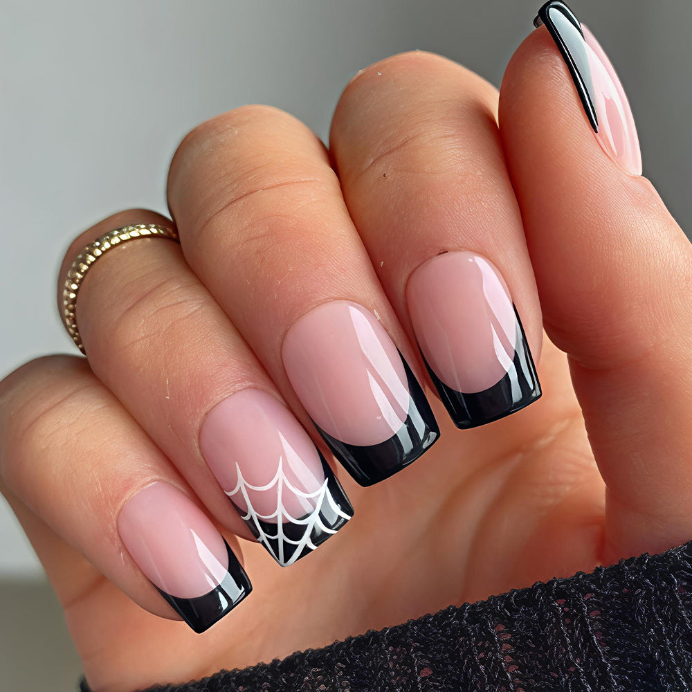 Spooky Glamorous Medium Square Black and Pink Spiderweb Press On Nail Set