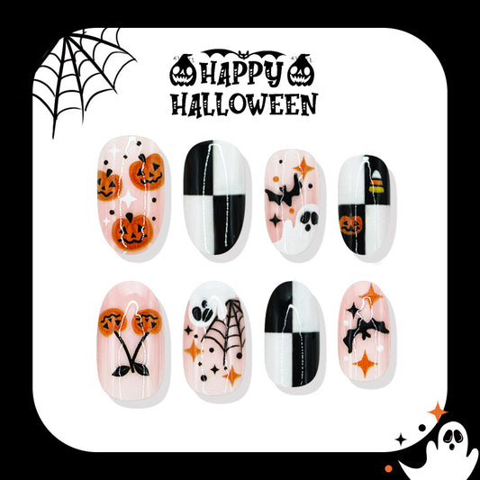 Spooky Halloween Short Round Orange and Black Glitter Press-On Nail Set