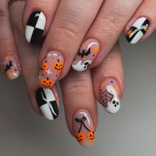 Spooky Elegance Short Round Orange and Black Halloween Themed Press on Nail Set