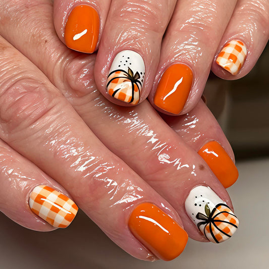 Autumn Vibes Short Square Bright Orange with Pumpkin and Gingham Design Press on Nail Set