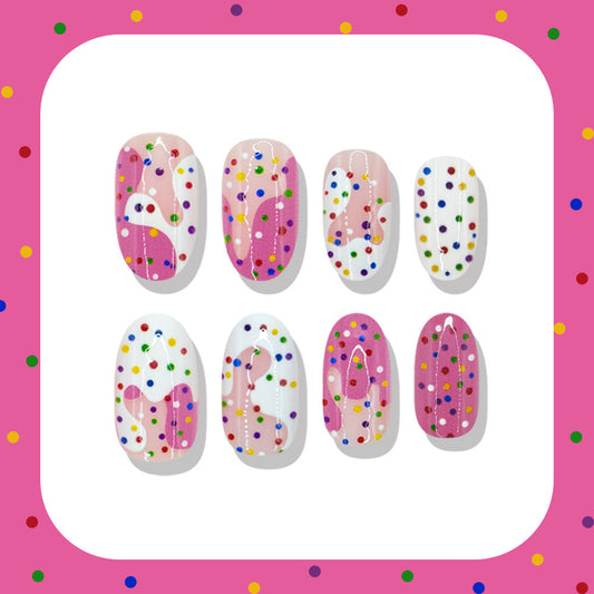 Whimsical Confetti Short Oval Pink with Fun Abstract Designs Press on Nail Set