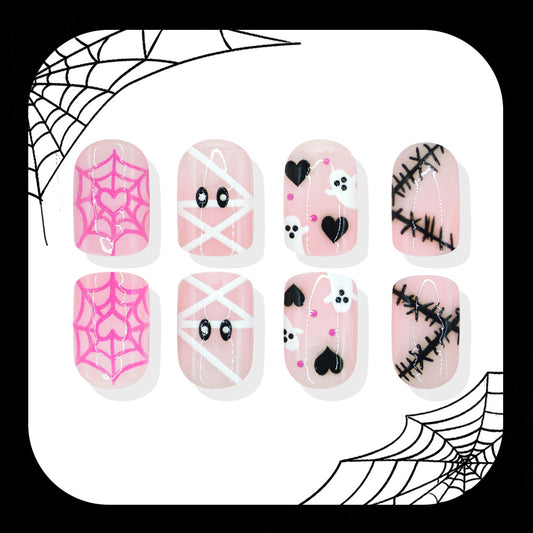 Spooktacular Short Square Pink Nail Set with Halloween Themed Designs