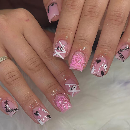 Spooky Halloween Short Square Pink Nails with Fun Ghost and Spider Designs