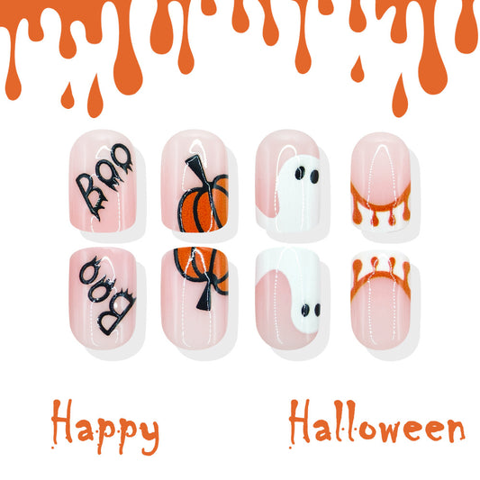 Spooktacular Short Square Orange Halloween Themed Press on Nail Set