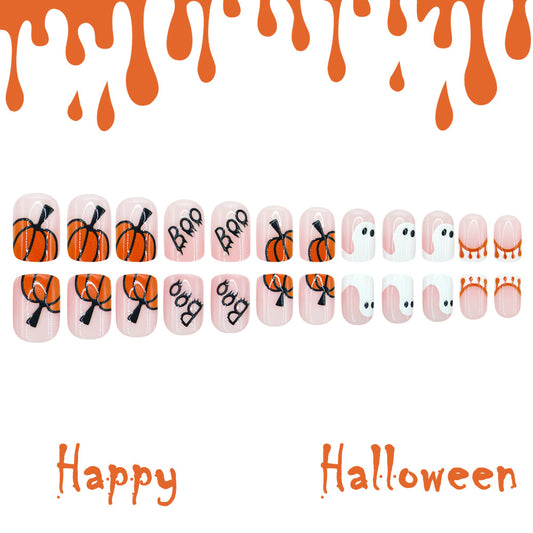 Spooktacular Short Square Orange Pumpkin and Ghost Press On Nail Set