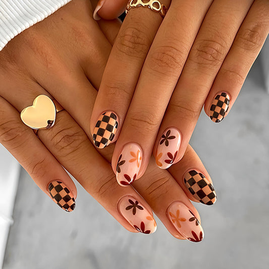 Boho Chic Medium Almond Matte Floral Press On Nail Set