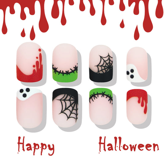 Spooky Short Square Vibrant Halloween Theme with Unique Spider Web Design Press On Nail Set