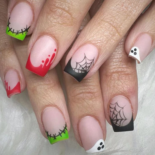 Spooky Medium Square Multicolor Nail Set with Unique Halloween Designs