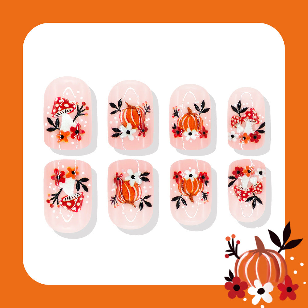 Autumn Charm Medium Square Coral Floral Press On Nail Set