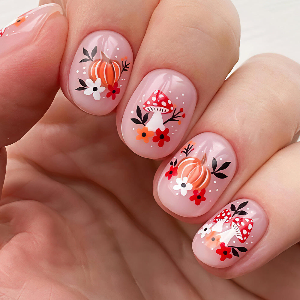 Enchanted Autumn Short Round Pink Floral Press-On Nail Set with Whimsical Designs
