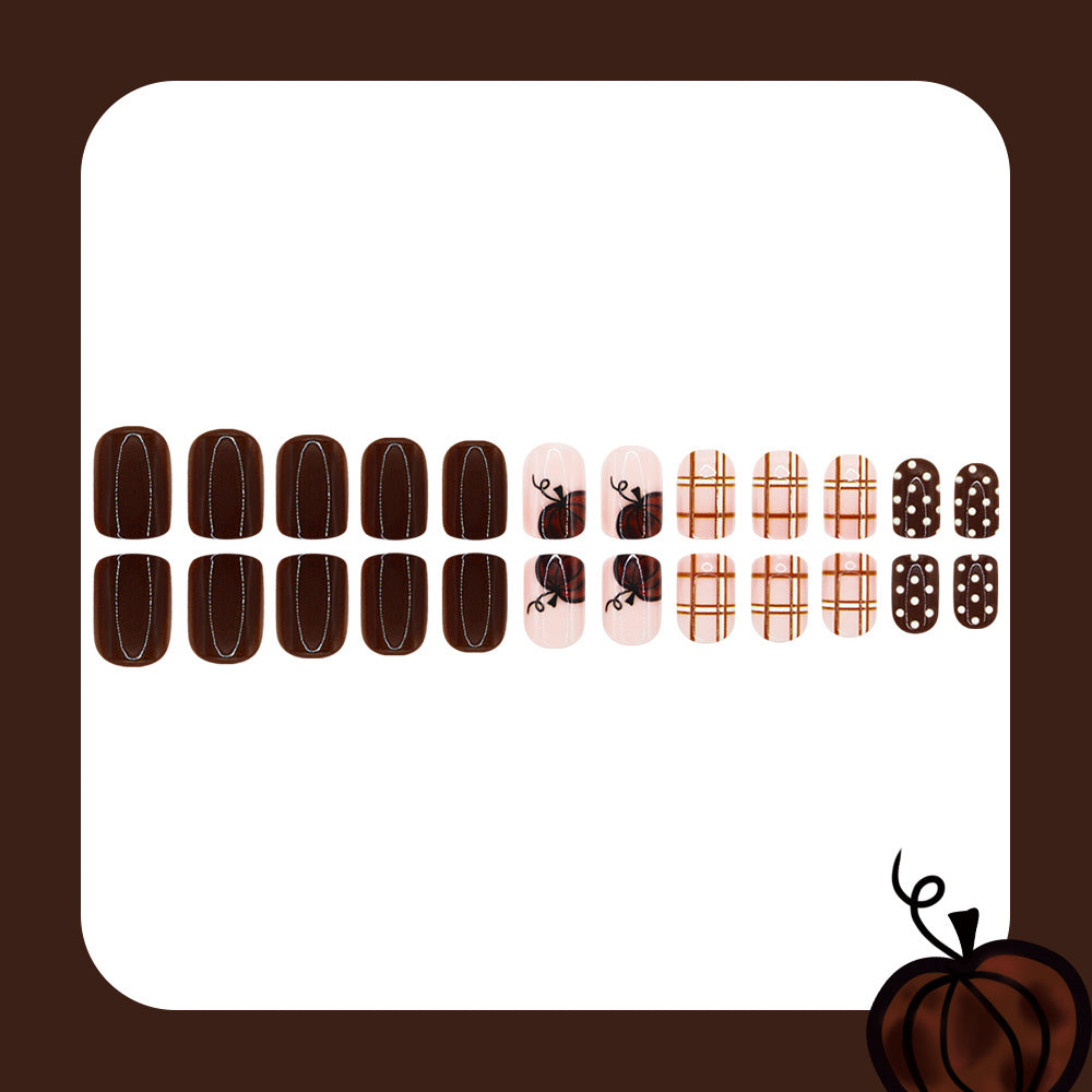 Autumn Vibes Short Square Brown with Charming Pumpkin Design Press On Nail Set