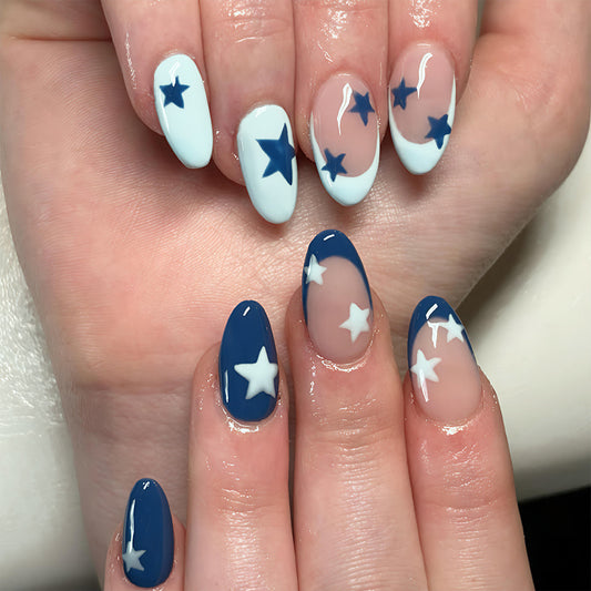 Galactic Starry Night Medium Almond Blue and Light Blue Press On Nail Set with Chic Star Design
