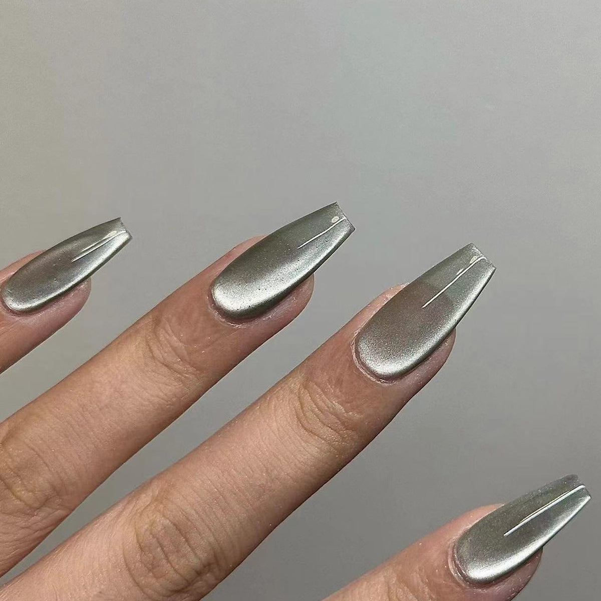 Glamorous Metallic Elegance Long Coffin Shape Silver Press On Nail Set with Unique Glossy Finish