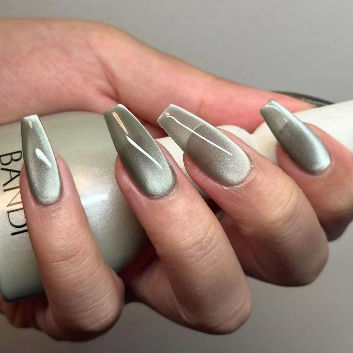 Elegant Forest Charm Long Coffin Grey Shimmer Press On Nail Set