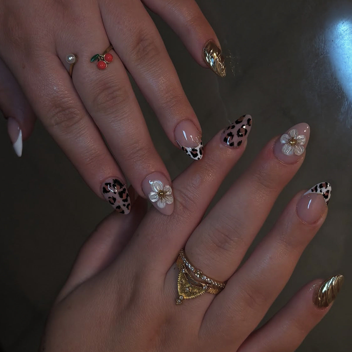 Wild Beauty Medium Almond Press On Nail Set in Elegant Cream and Fierce Leopard with Floral Accents