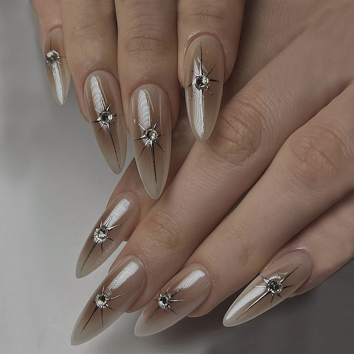 Celestial Elegance Long Almond Translucent Beige with Dazzling Star Accents Press On Nail Set