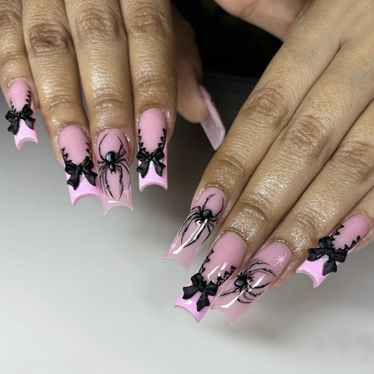 Halloween Glamour Long Square Pink Press On Nail Set with Black Spider and Bow Design