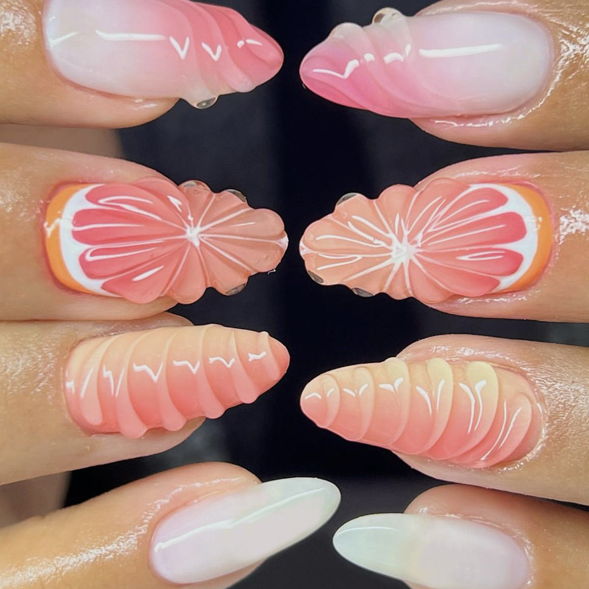 Tropical Citrus Dream Long Almond Press On Nail Set in Pink Orange with 3D Wave Design
