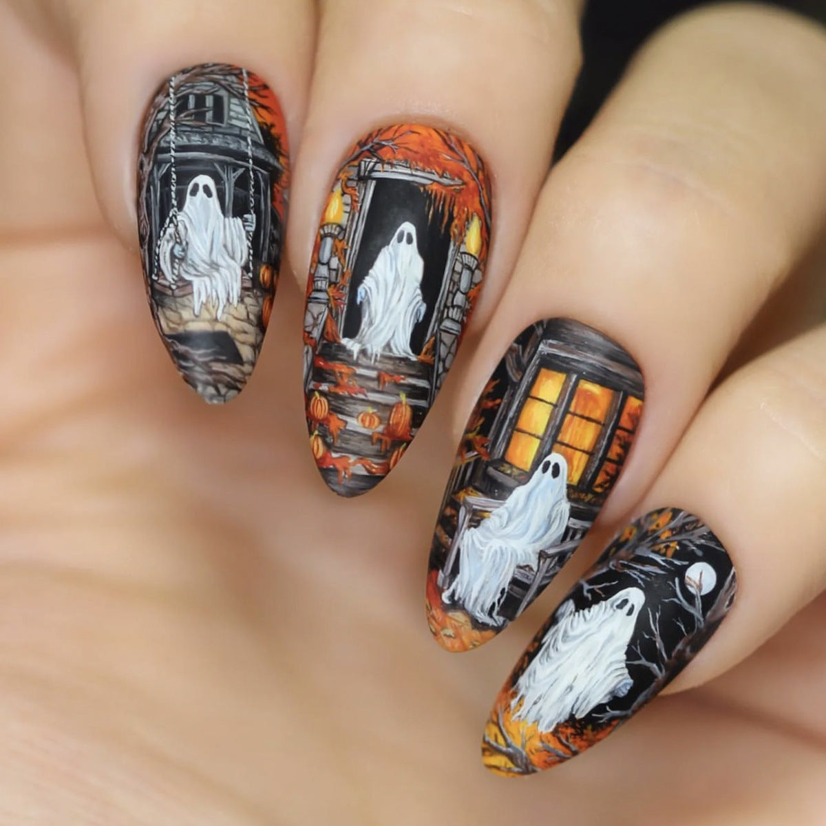 Spooky Halloween Almond Long Orange and Black Ghost Design Press On Nail Set