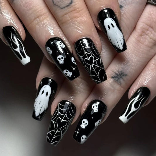 Spooky Gothic Coffin Long Black Skull and Ghost Press On Nail Set for Halloween Glam