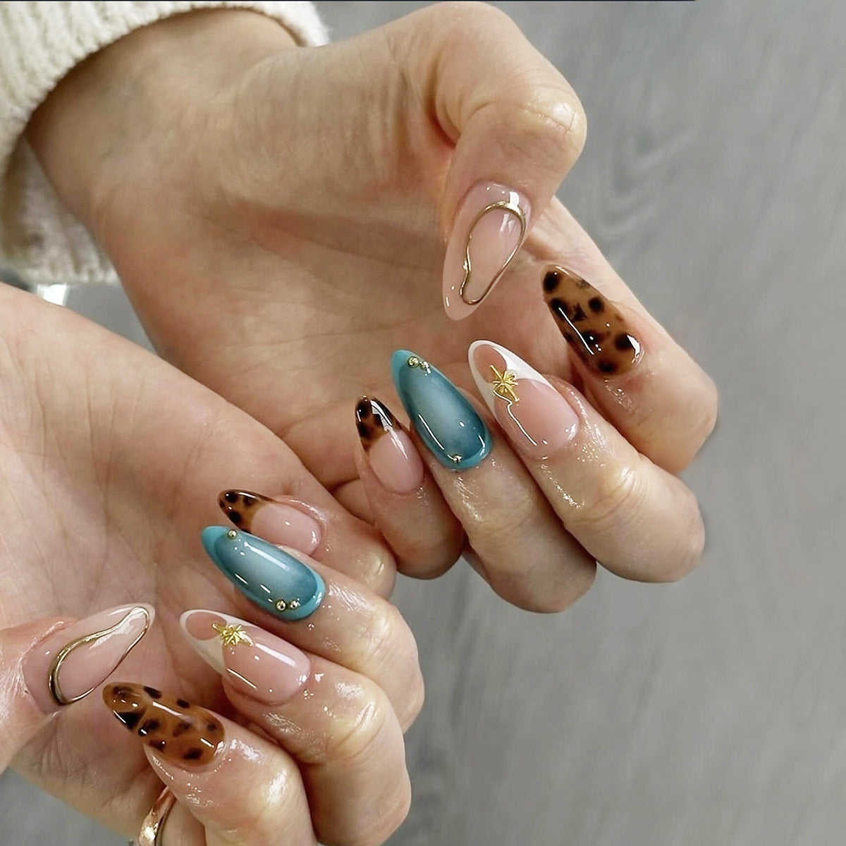 Bohemian Elegance Medium Almond Blue and Beige with Gold Accents Press On Nail Set