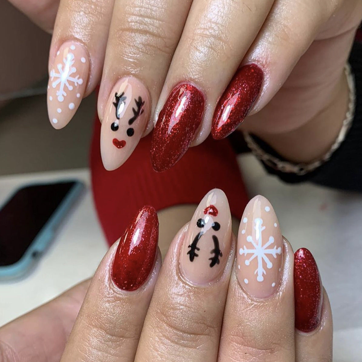 Festive Holiday Glamour Medium Almond Red and Beige Sparkle with Snowflake and Reindeer Designs Press On Nail Set