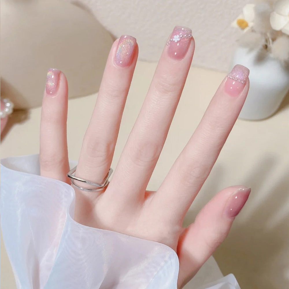 Whimsical Sparkle Short Square Pink Glitter Press On Nail Set with Floral Accents