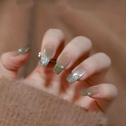 Glamorous Forest Escape Long Coffin Olive Green Press On Nail Set with Dazzling Silver Glitter Accents