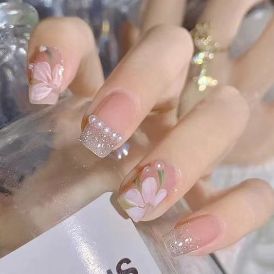Blossom Elegance Medium Square Pink with Floral Design and Glitter Accents Press On Nail Set