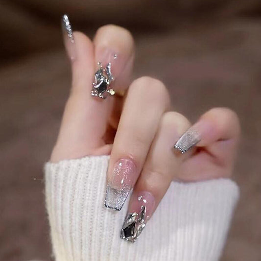 Glamorous Winter Wonderland Long Coffin Glitter Gradient Press On Nail Set with Gemstone Accents
